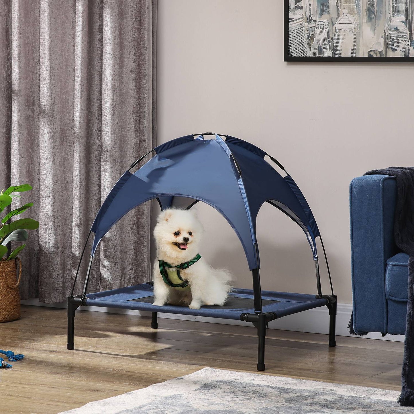 Raised outdoor dog bed with UV roof, Medium, Dark blue