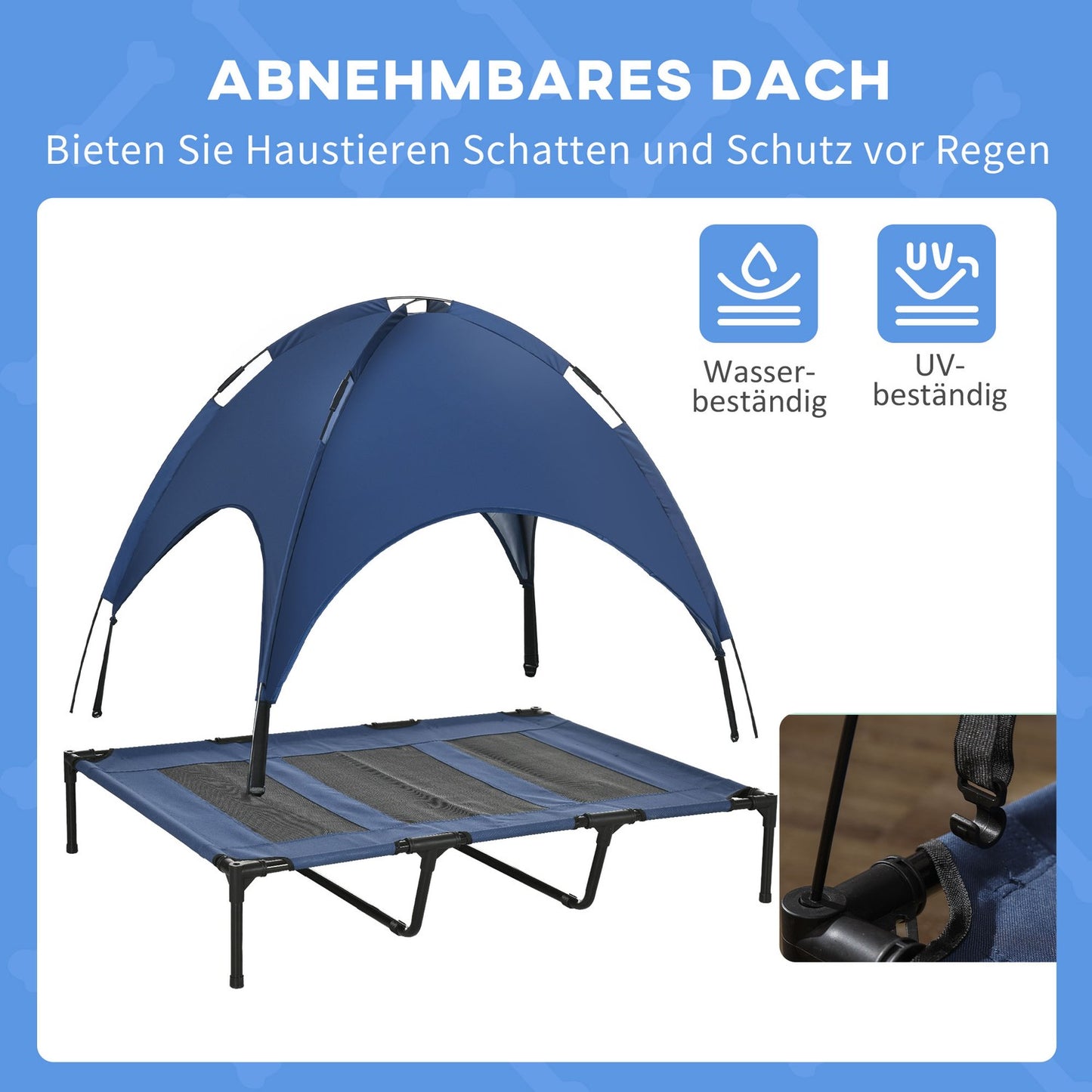 Elevated outdoor dog bed with UV protection