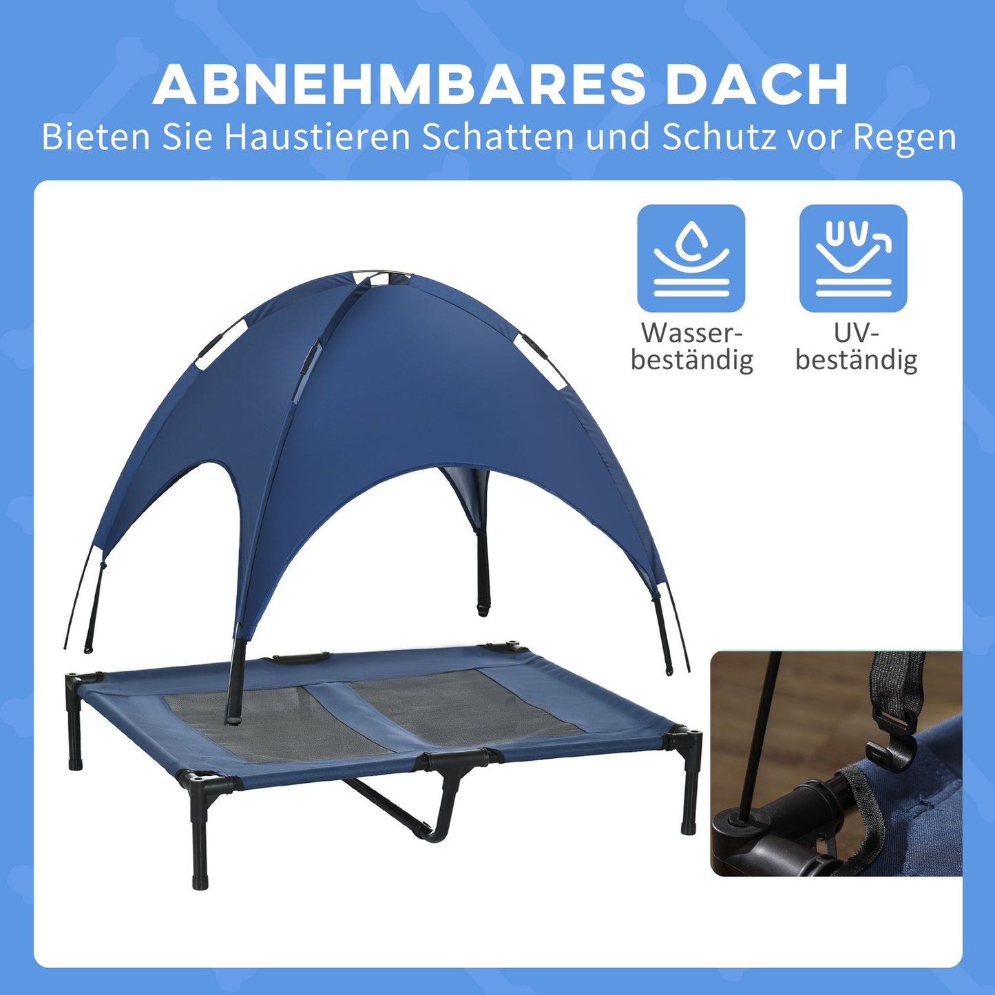 Elevated dog bed with canopy, breathable, medium, blue