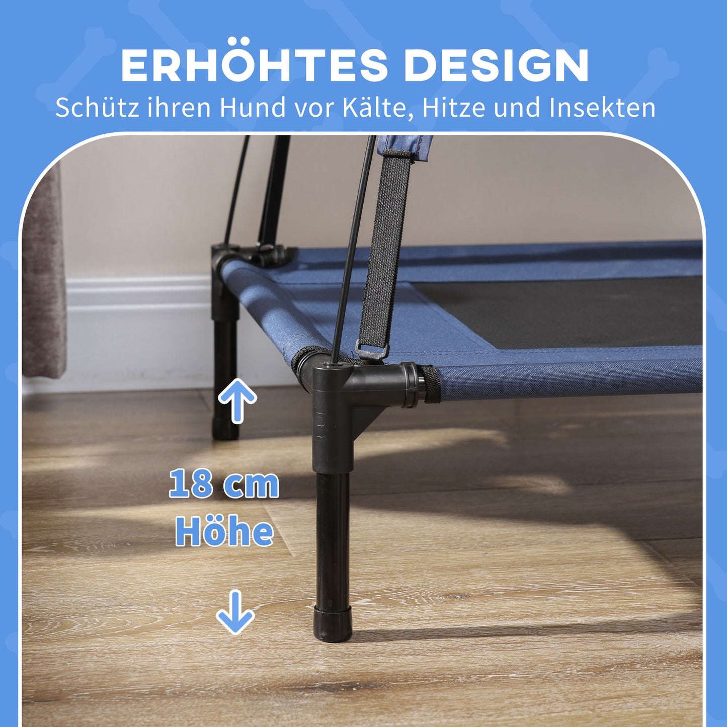 Elevated dog bed with canopy, breathable, medium, blue