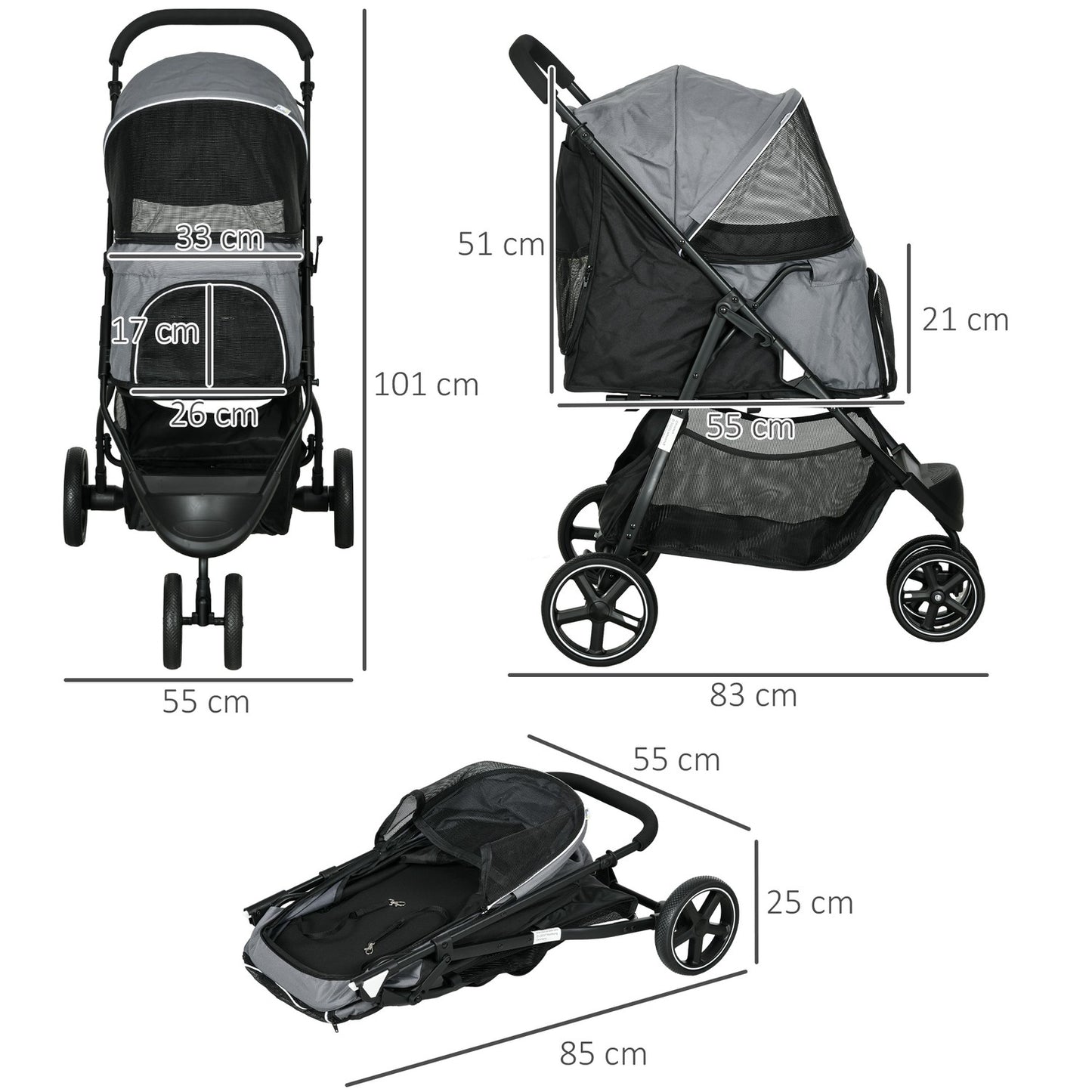 Small dog carriage with rain cover and storage basket