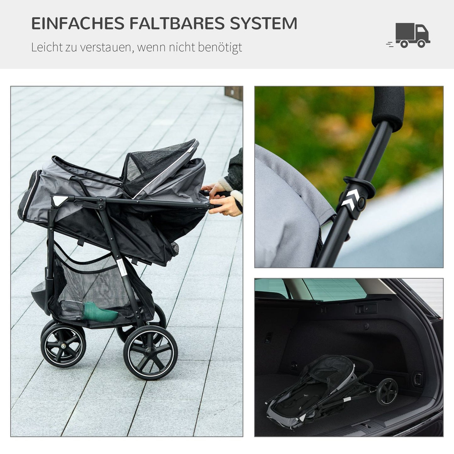 Small dog carriage with rain cover and storage basket