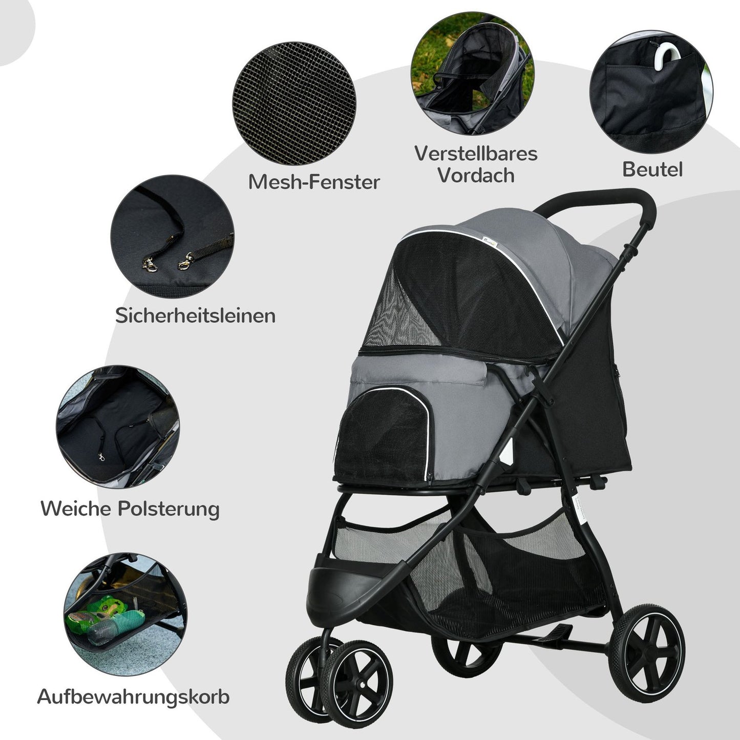 Small dog carriage with rain cover and storage basket