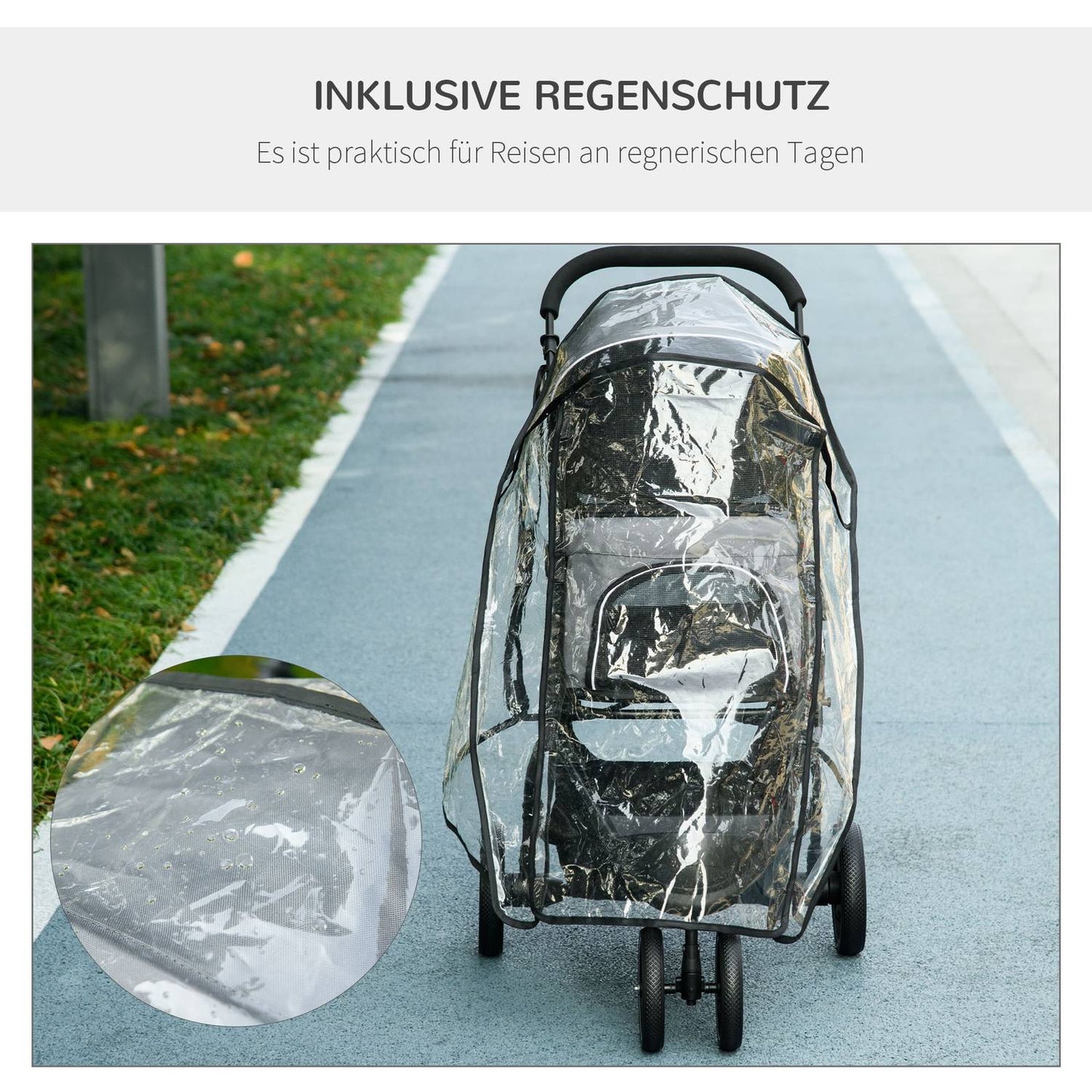 Small dog carriage with rain cover and storage basket