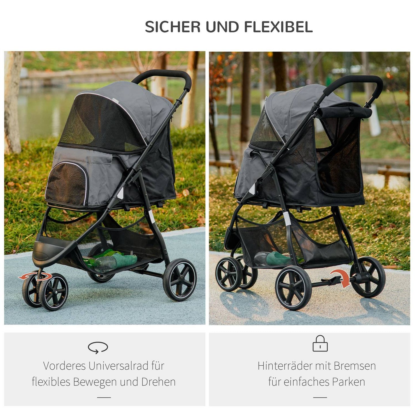 Small dog carriage with rain cover and storage basket