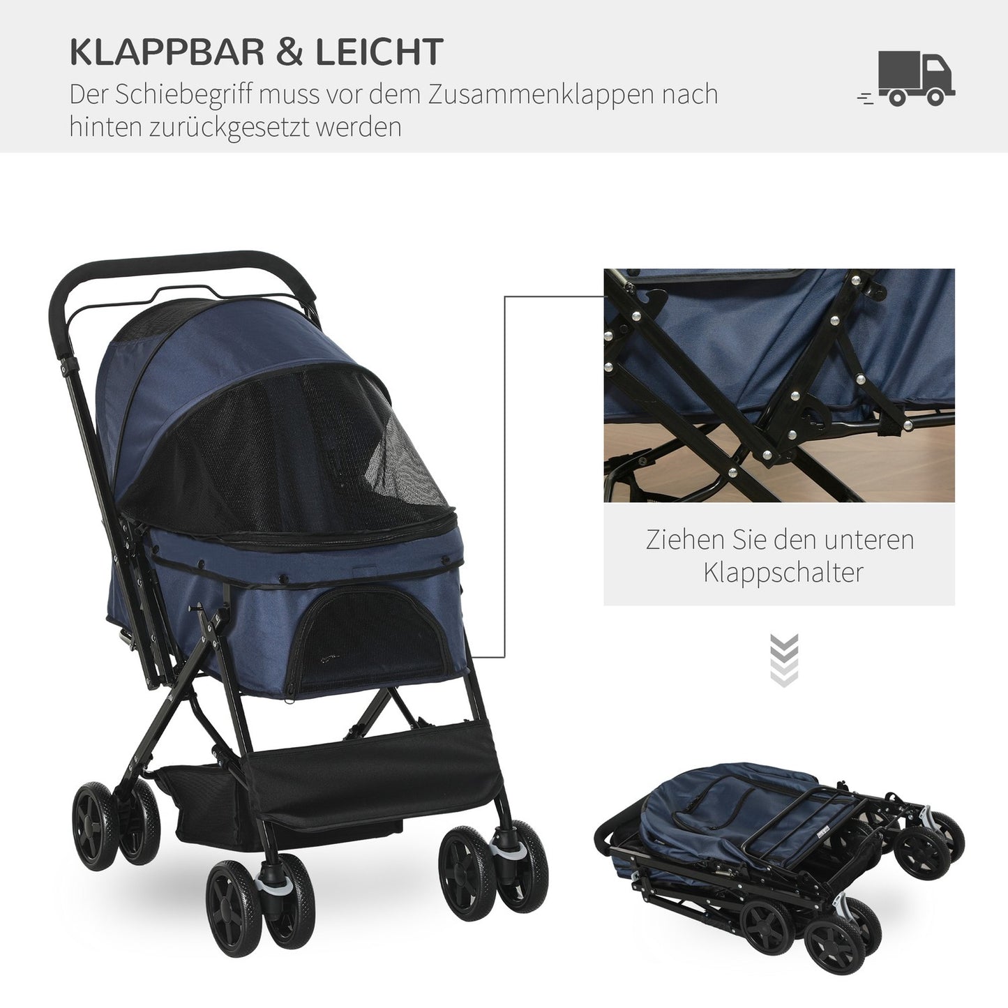 Pet stroller for small dogs & cats, Oxford Blue 76.5x52x95cm