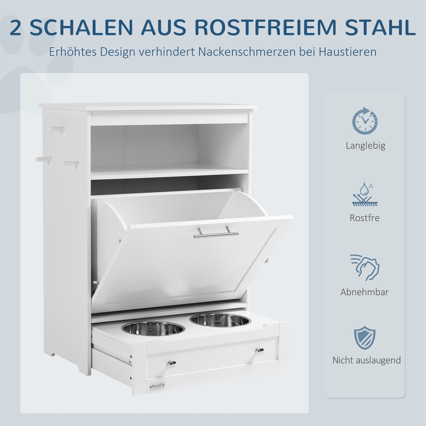 Pet food cabinet with bowls and storage, 61 x 35.5 x 82 cm