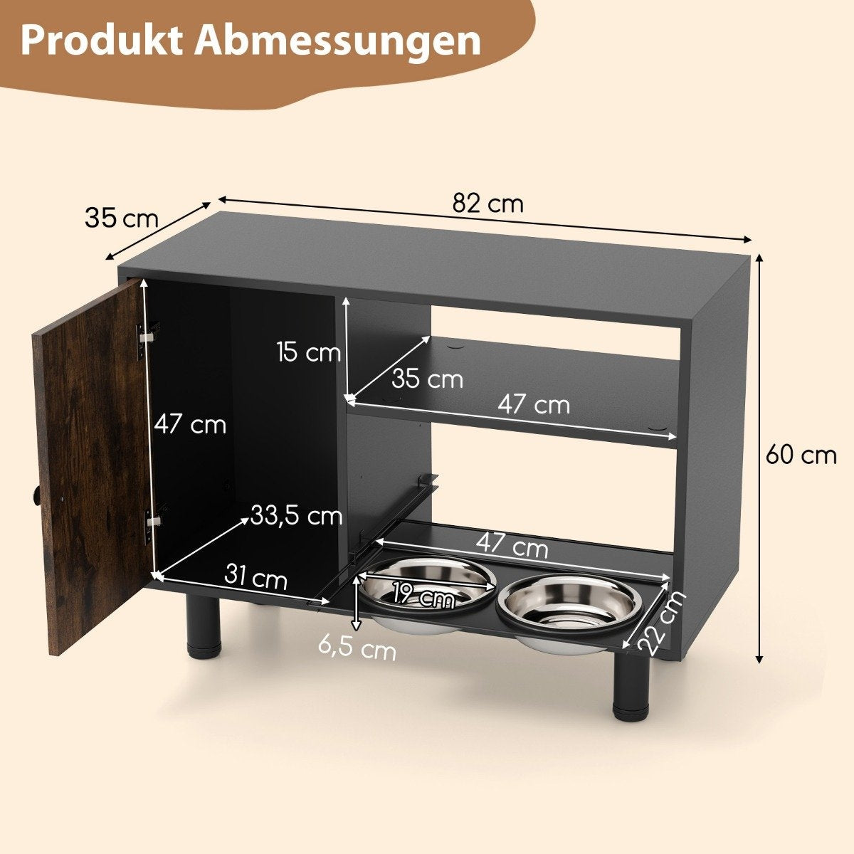 Pet Feeding Cabinet with 2 Stainless Steel Bowls Extendable & Height Adjustable Feeding Station Brown