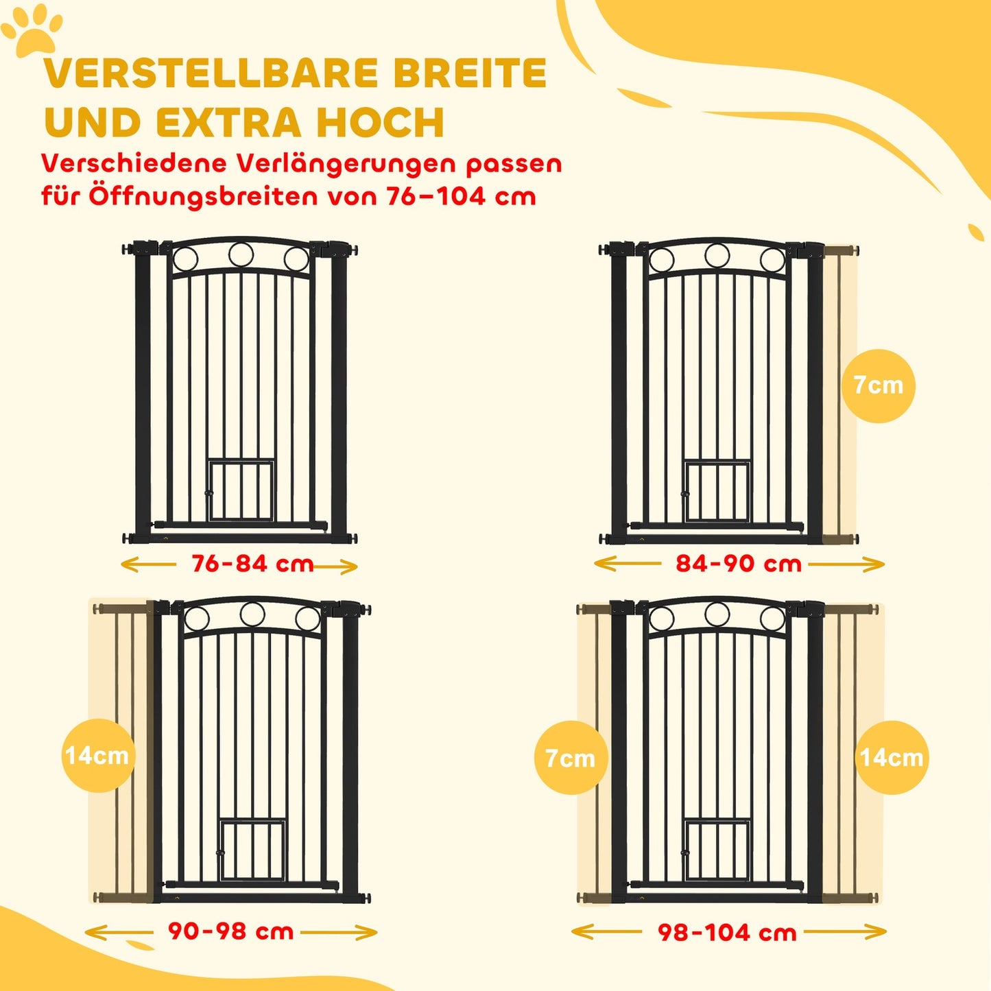 Pet Gate 106 cm, Adjustable Width, Cat Door, Black