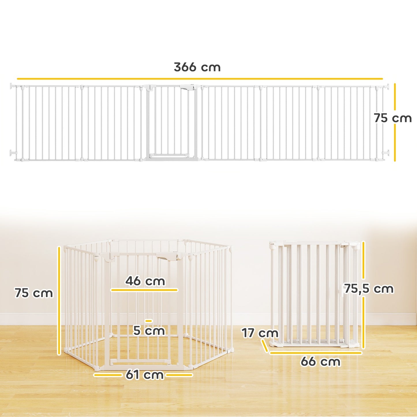 Pet Gate, 6-Panel Foldable Barrier with Door, White