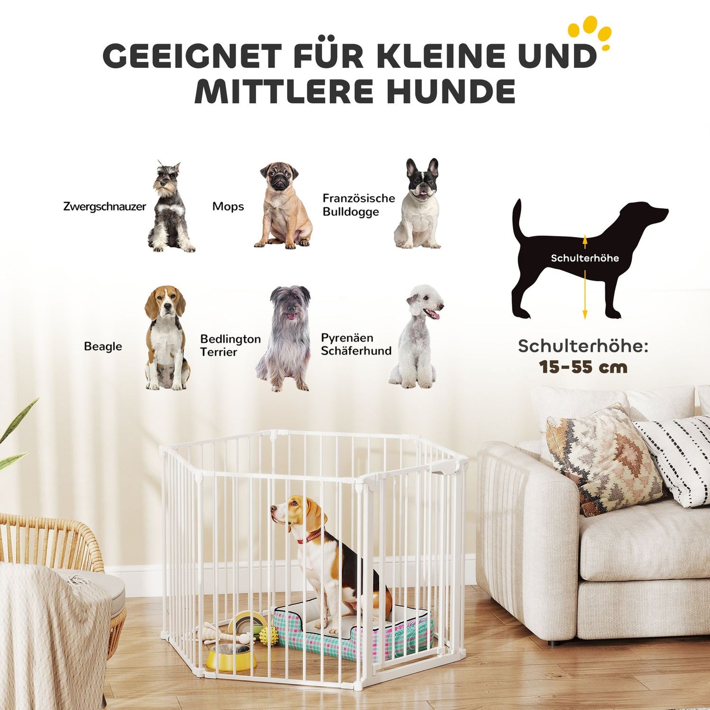 Pet Gate, 6-Panel Foldable Barrier with Door, White