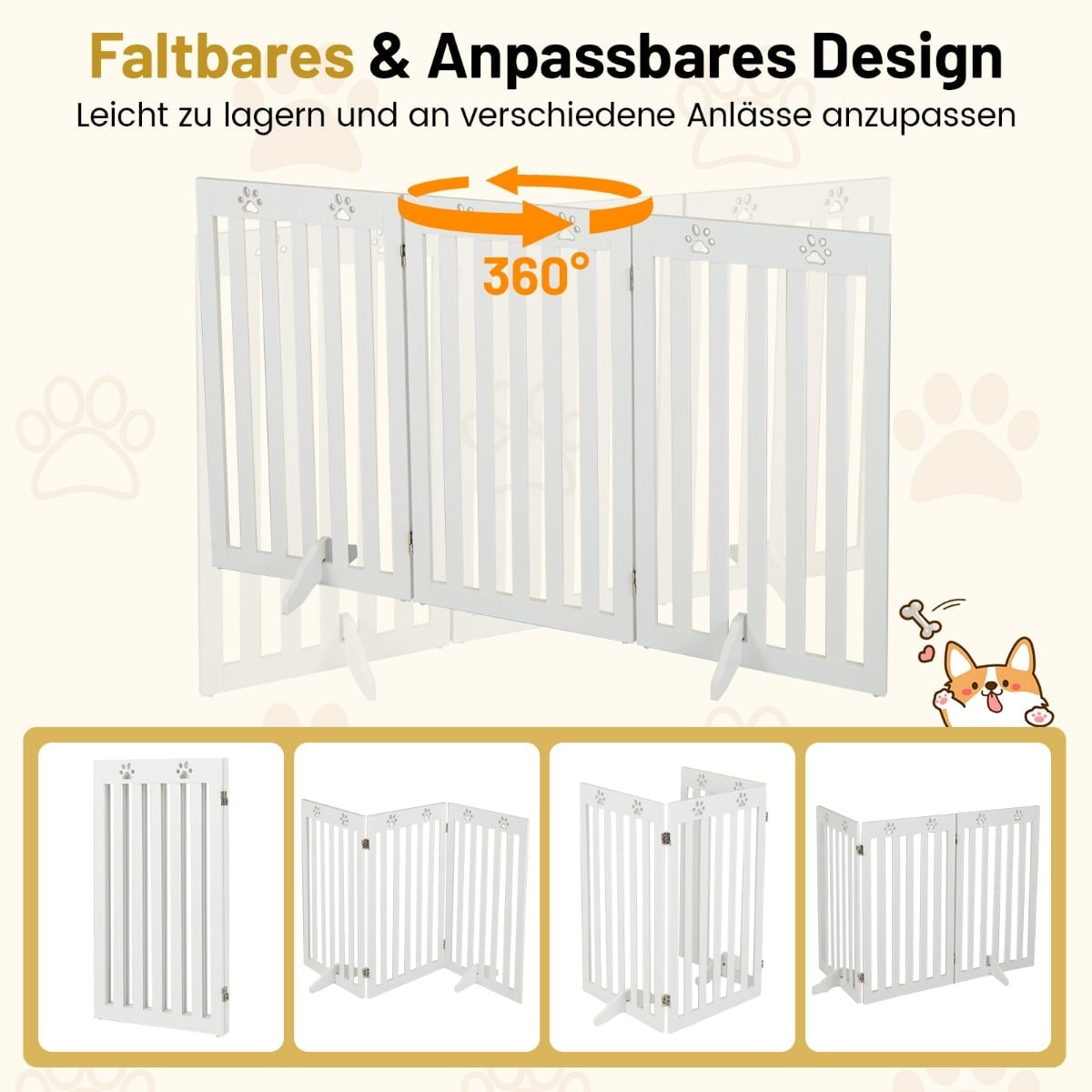 Pet Gate, 89cm Tall, Foldable Wood Barrier, White