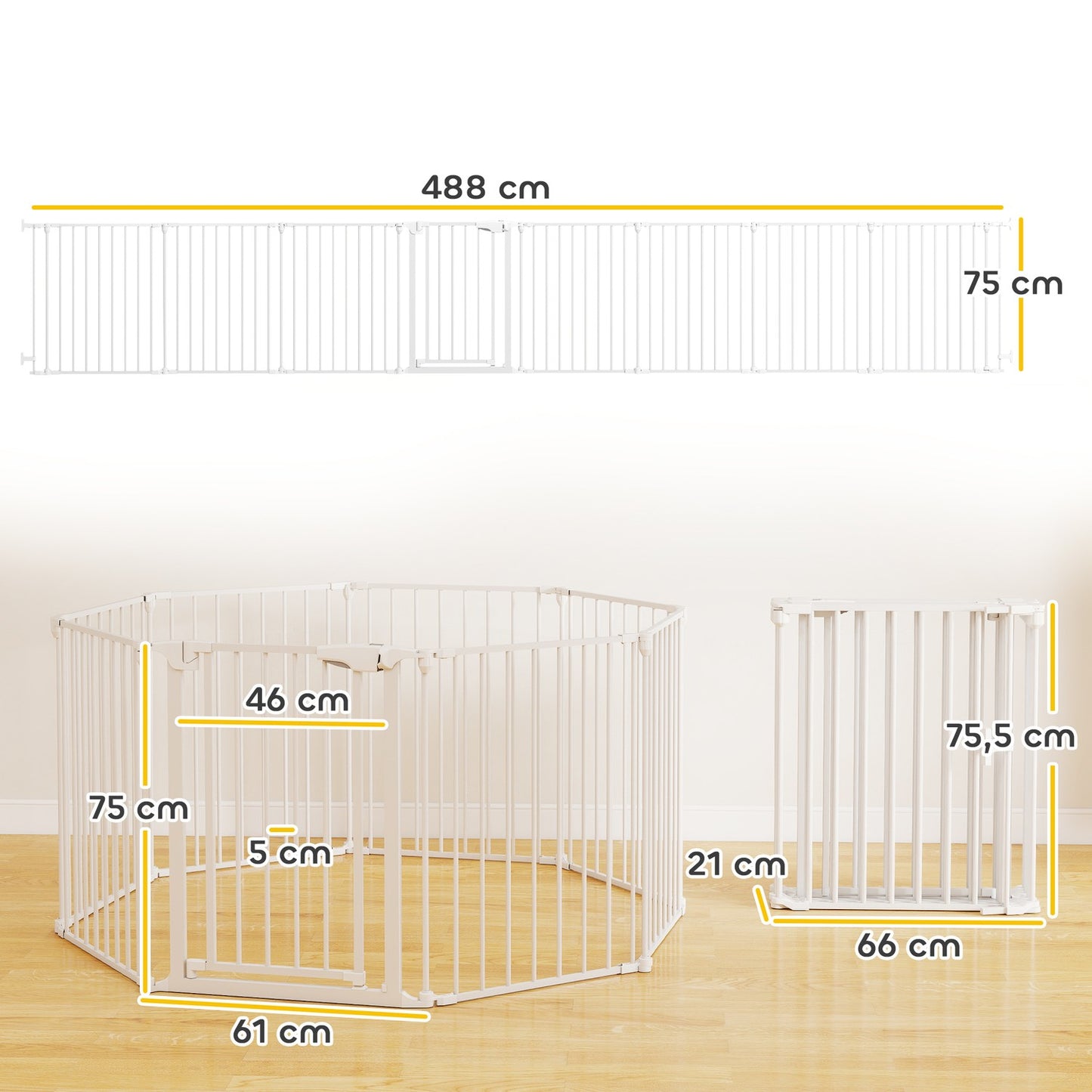 Pet Gate, 8-Panel Foldable Barrier with Door, White