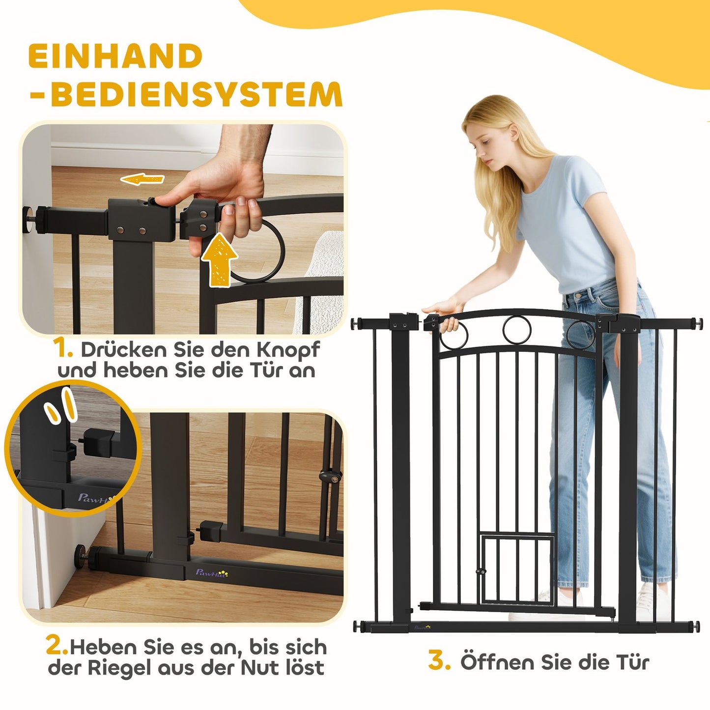 Pet Gate, 96 cm, Adjustable 76-104 cm, Cat Door, Black