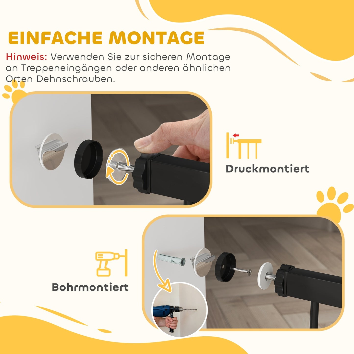 Pet Gate, 96 cm, Adjustable 76-104 cm, Cat Door, Black