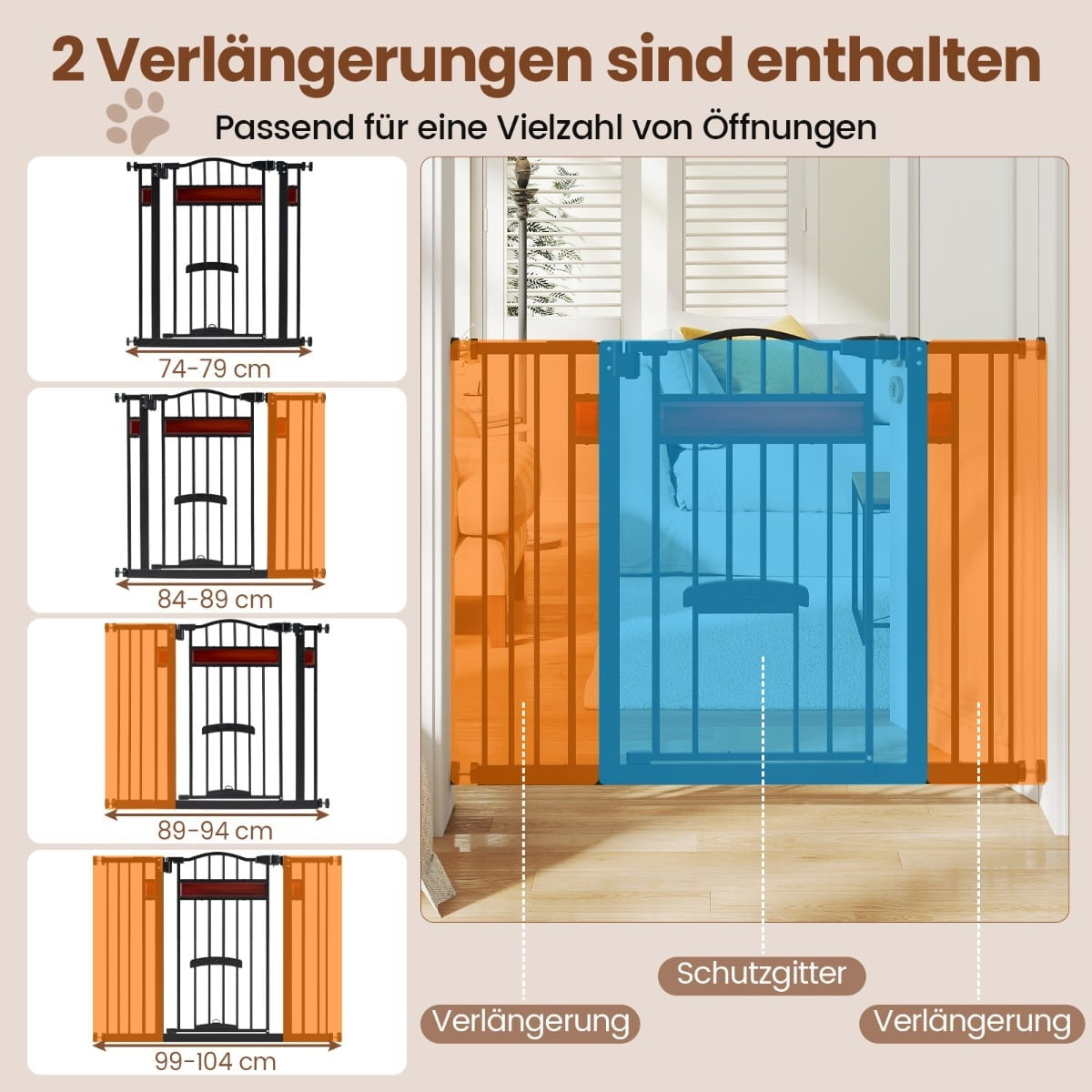 Pet Gate with Small Door, Metal, No-Drill, 74-104 cm