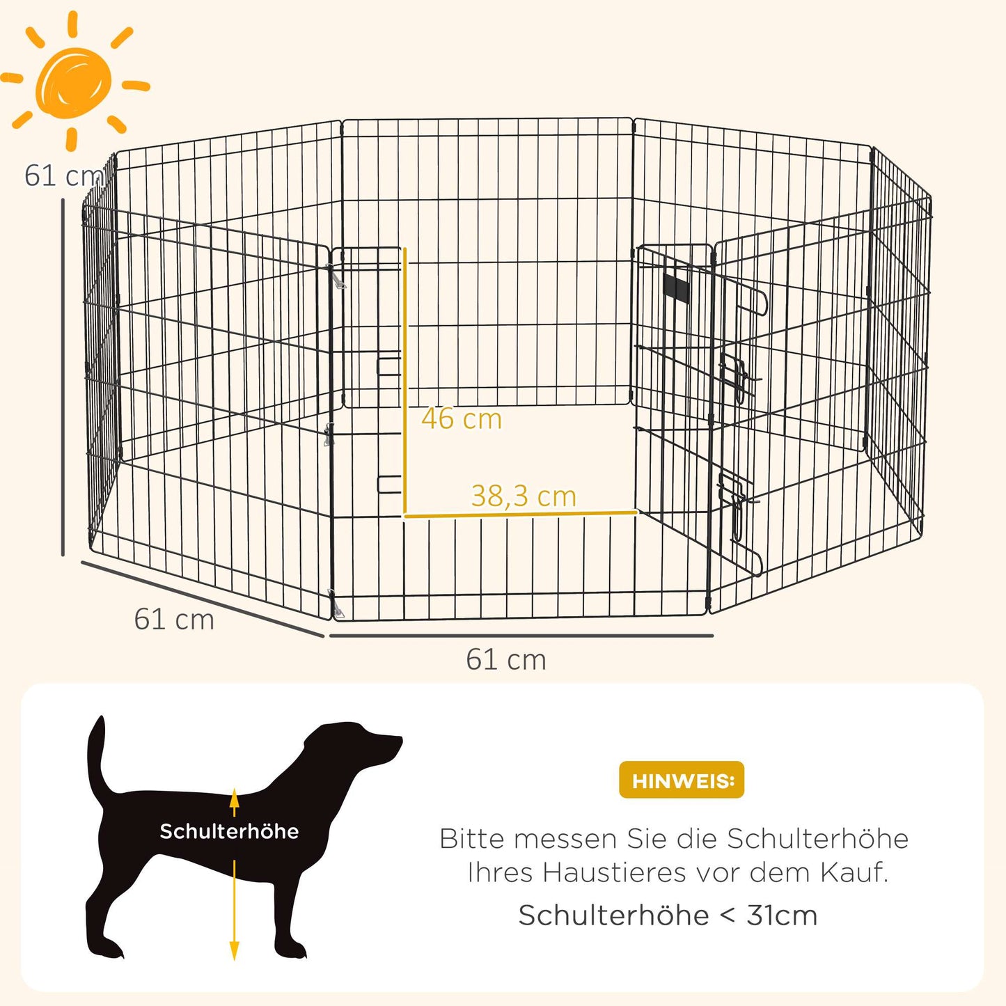 Pet Playpen with Door, Indoor/Outdoor, Metal, 61 cm, Black