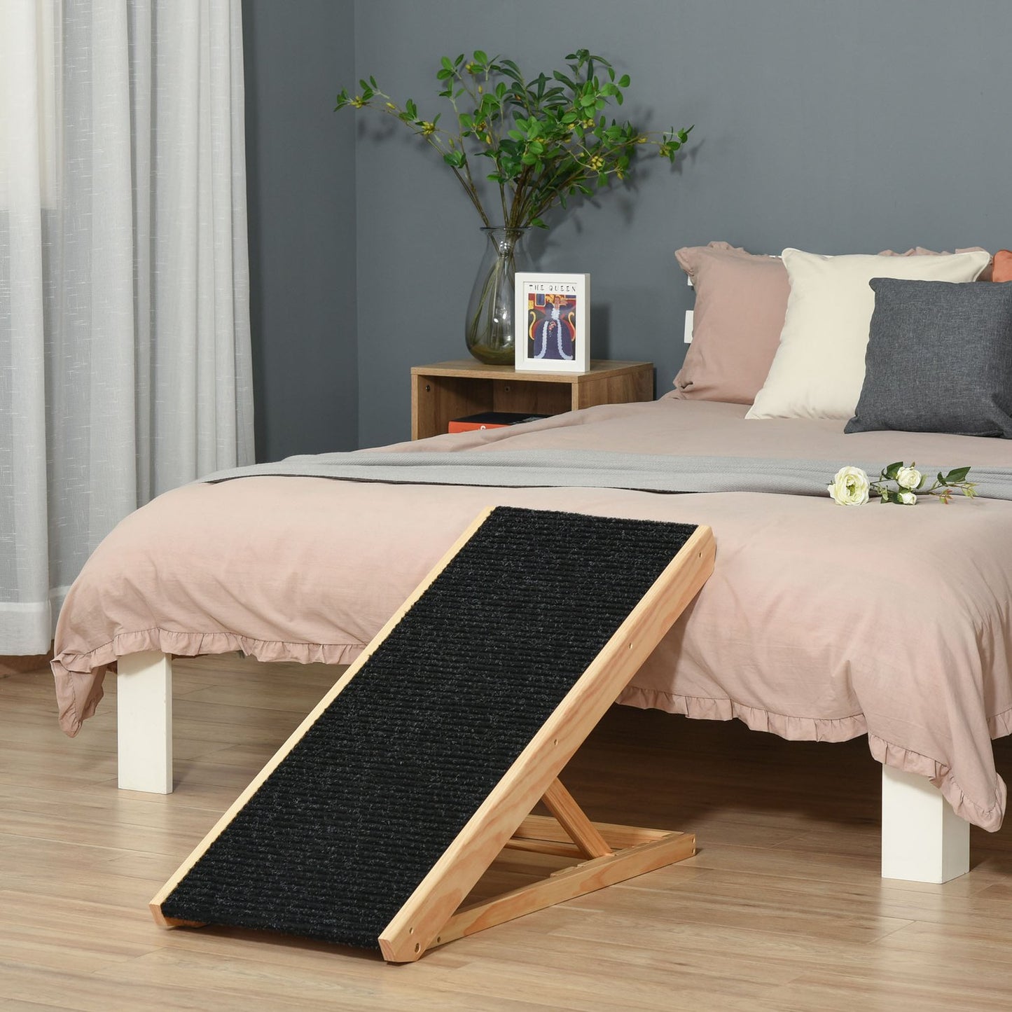 Adjustable dog ramp with non-slip mat, pine, 90x40x61cm