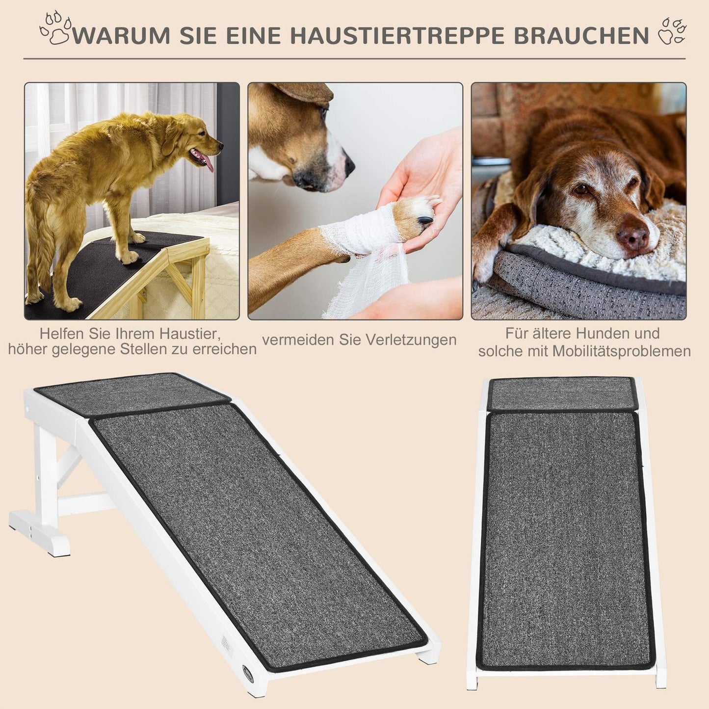 Dog ramp with non-slip mat, pine, 30 kg capacity