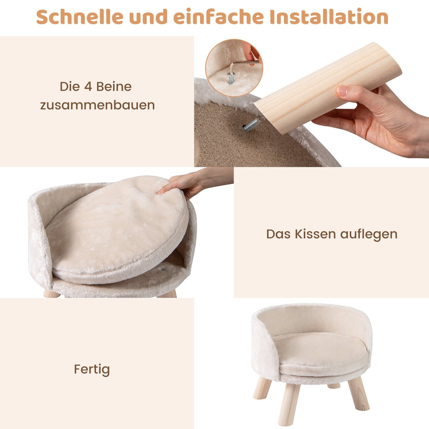 Pet Sofa Bed with Cushion, Pine Wood Legs, Beige