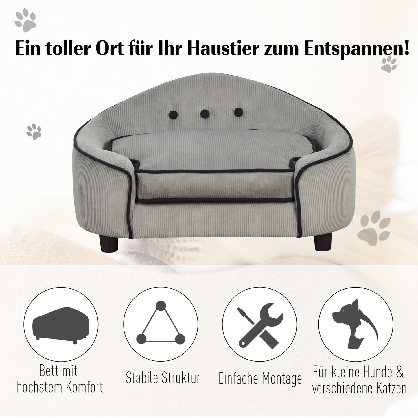 Cozy gray dog bed - Wood & plush, 66.5x45x35.5 Cm
