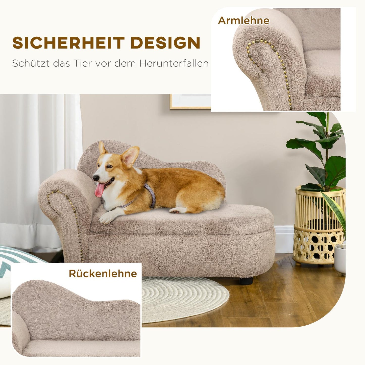 Dog bed sofa with hidden storage, robust cover, beige 80x40x46cm