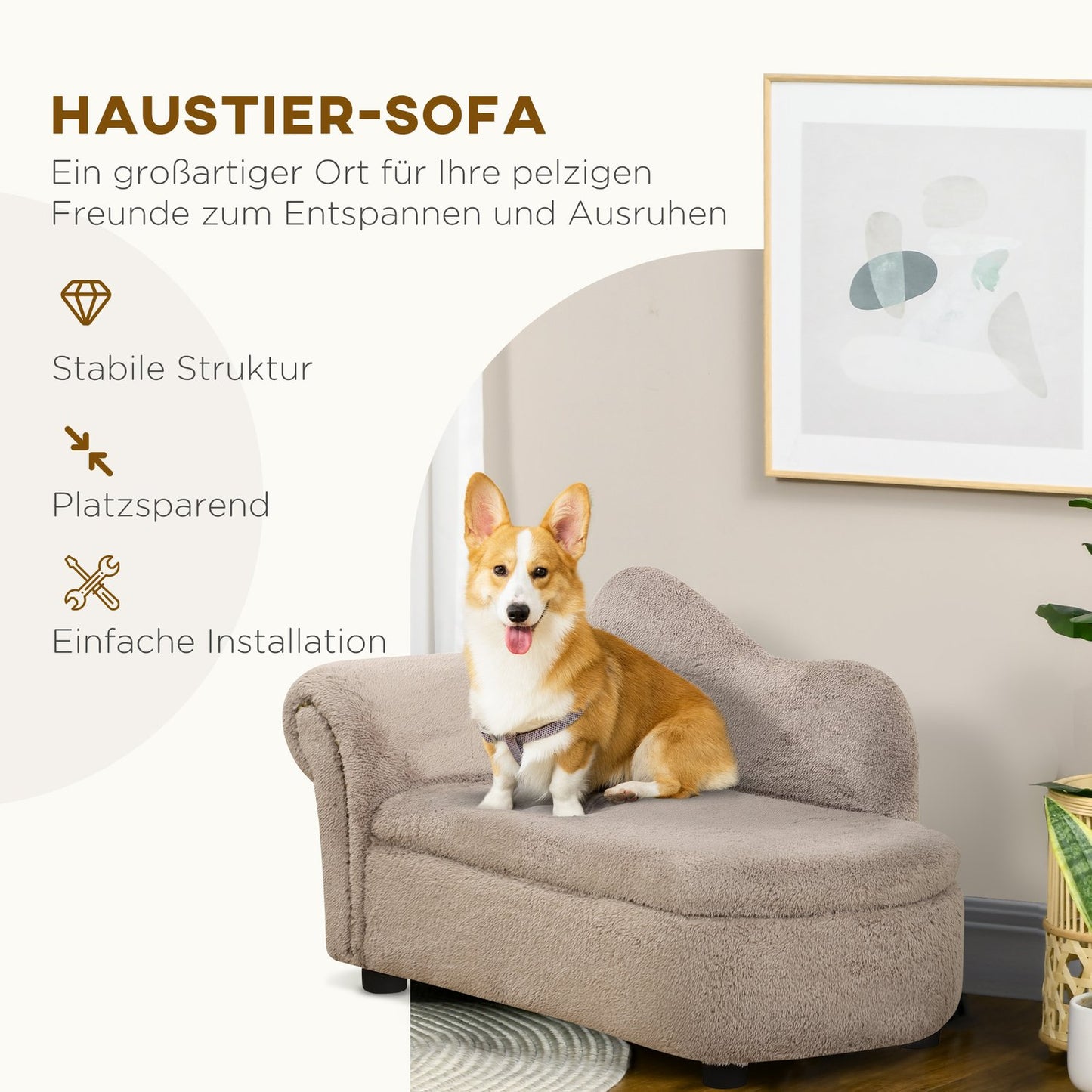 Dog bed sofa with hidden storage, robust cover, beige 80x40x46cm
