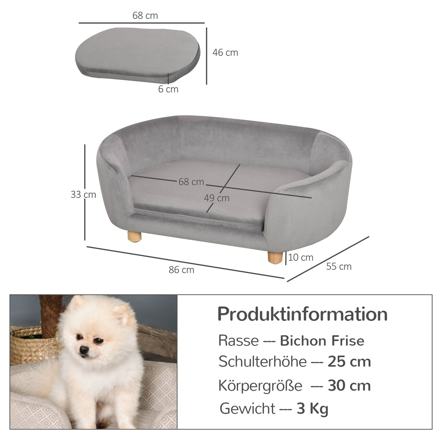 Light gray velvet sofa bed for pets, foam cushion, 86x55x33 cm
