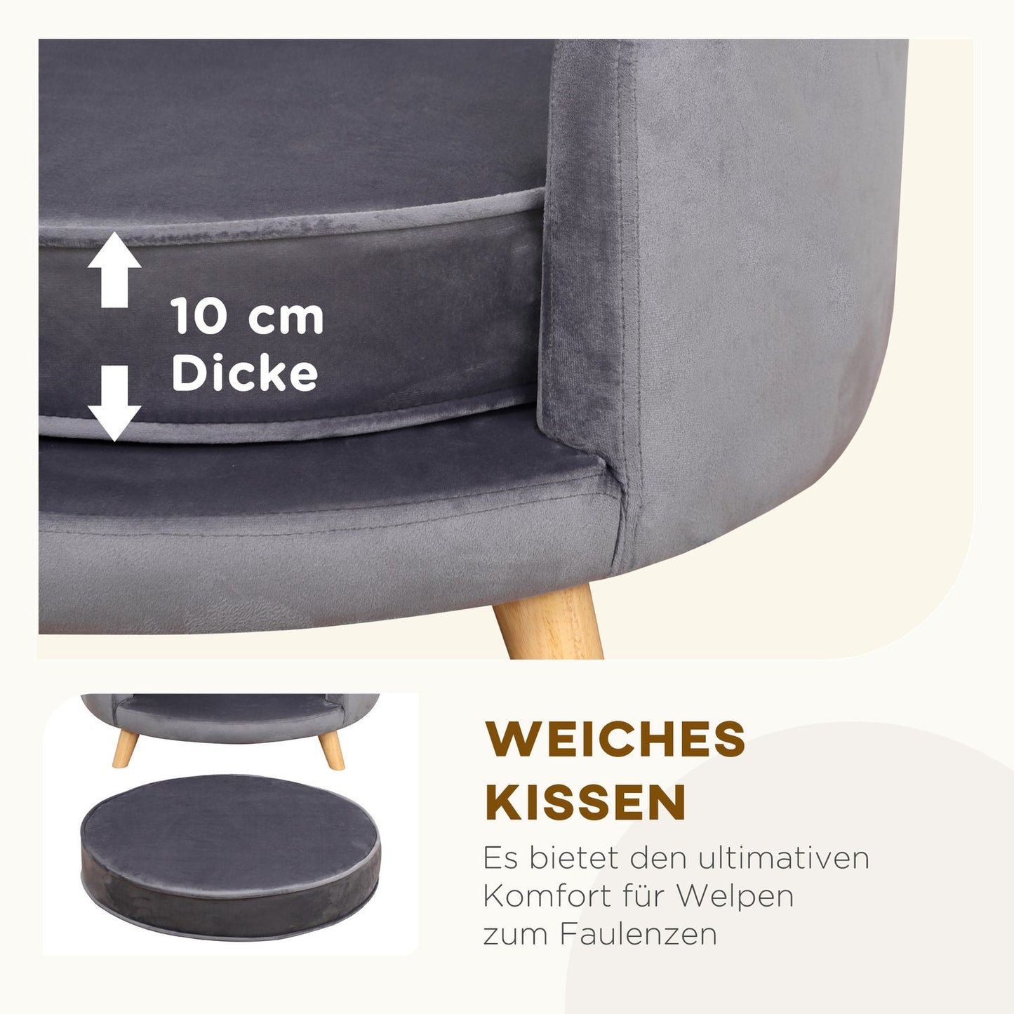 Medium Dog sofa with wooden frame, Grey, 68x68x35cm