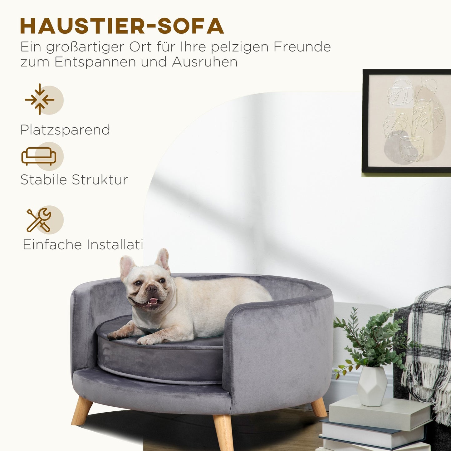 Medium Dog sofa with wooden frame, Grey, 68x68x35cm