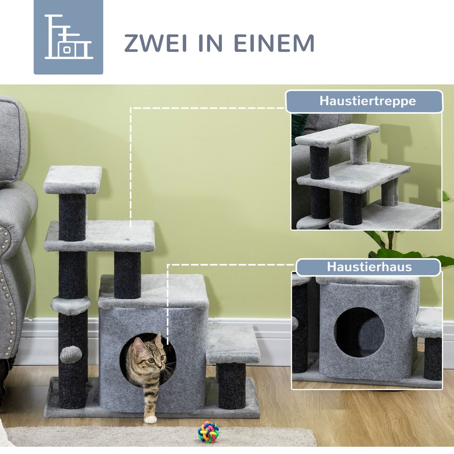 Cat stairs with sleeping cave & play ball - 3/4 steps