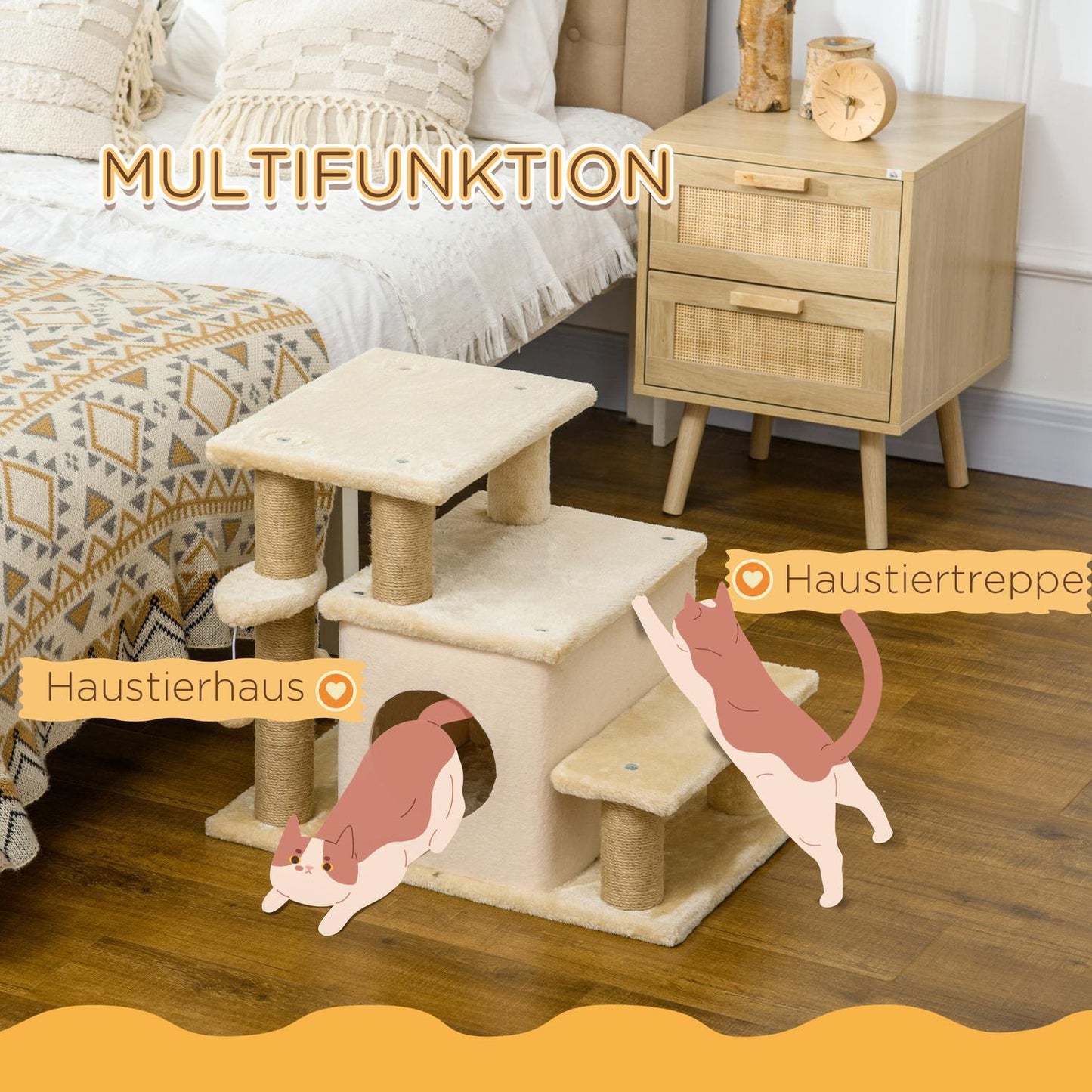 Adjustable pet stairs with sleeping cave - cat and small dog ramp