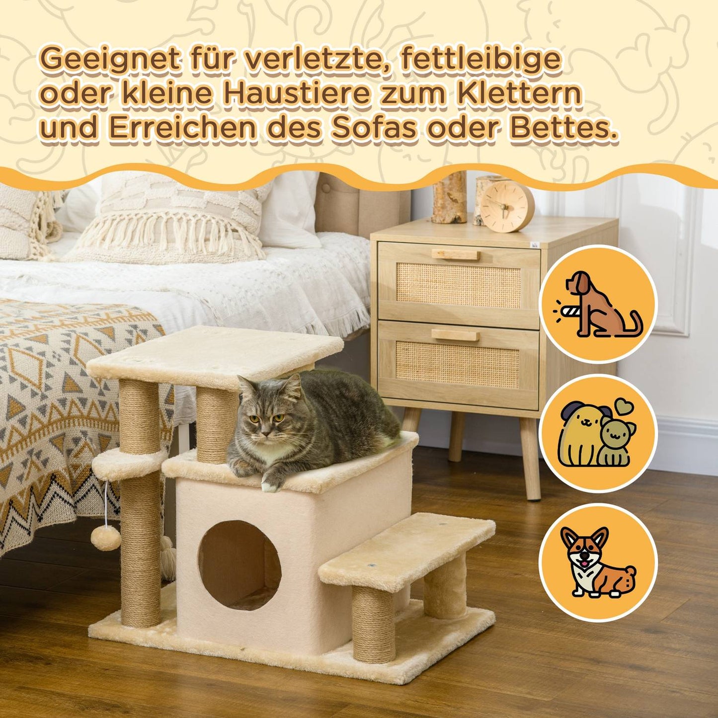 Adjustable pet stairs with sleeping cave - cat and small dog ramp