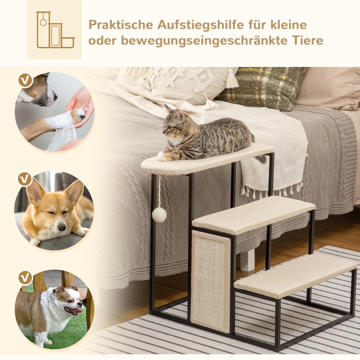 3-step pet stairs with scratching board and play ball