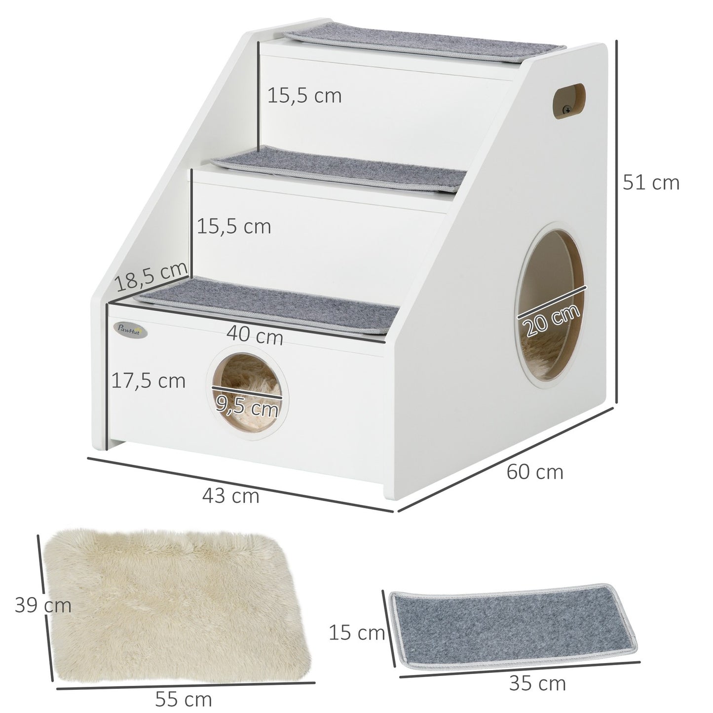 Pet Stairs 3-step ramp with cave and non-slip plush mats