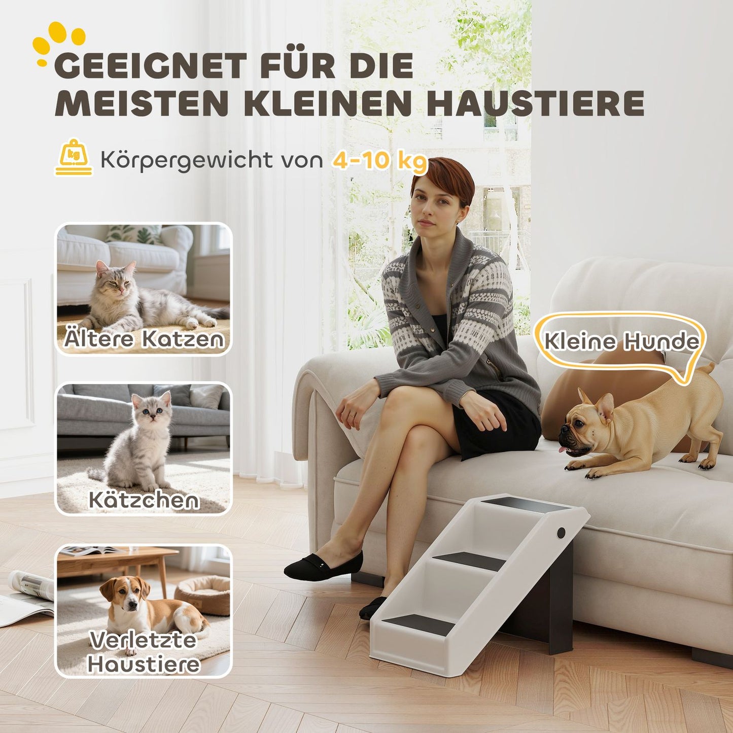 Pet Stairs, 3 Steps, Foldable, 36.5 cm, Cream White
