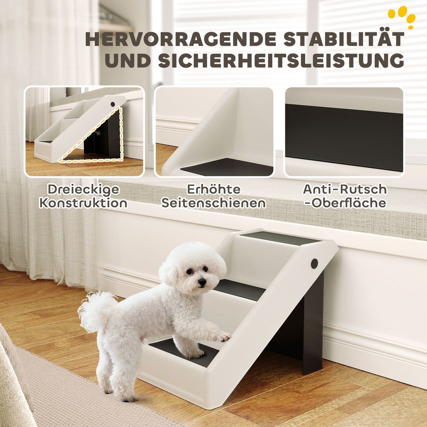 Pet Stairs, 3 Steps, Foldable, 36.5 cm, Cream White