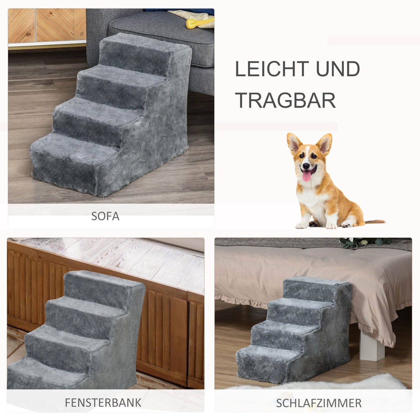 Pet stairs 4-step dog ramp, plush cover, grey, 60x35x44 cm