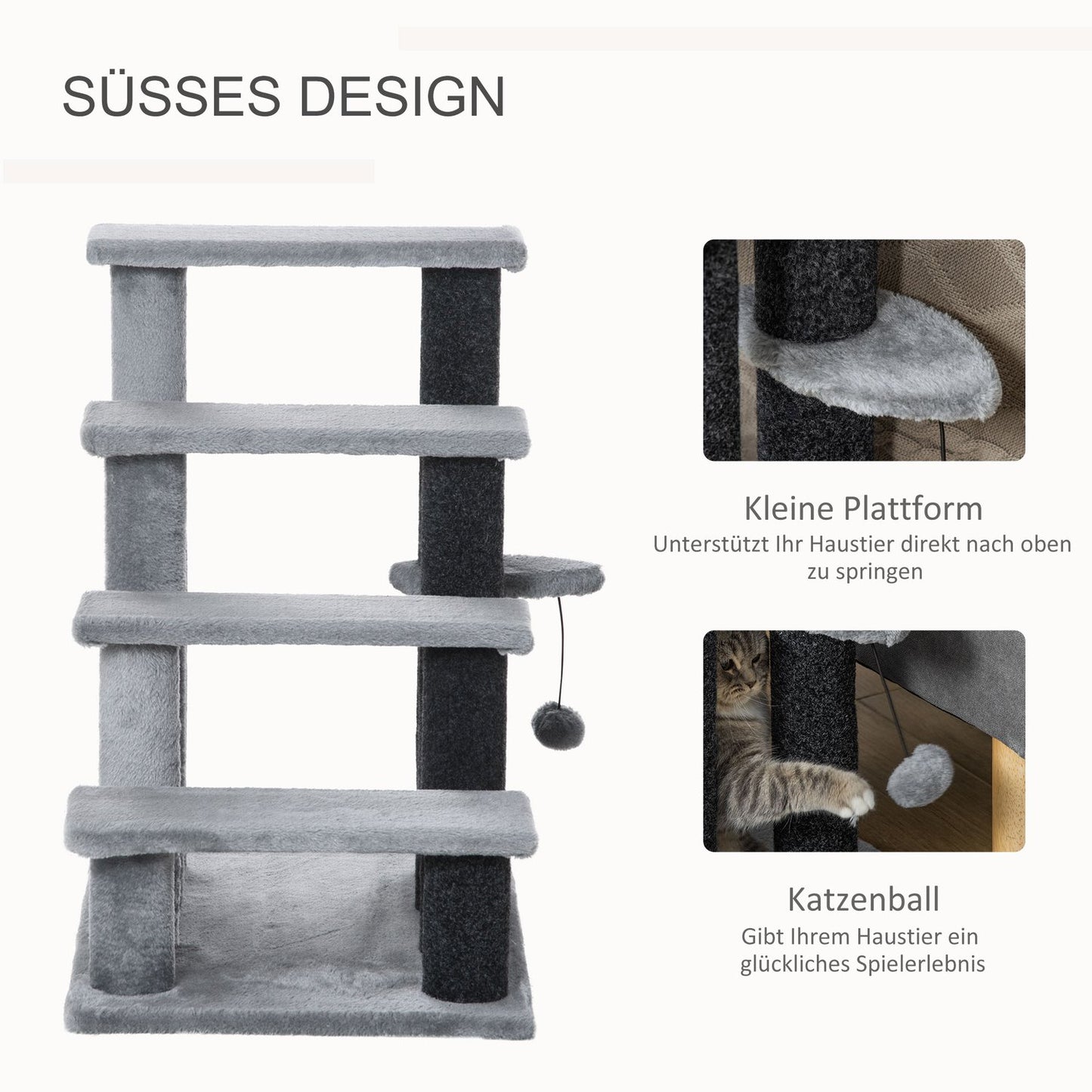 Pet step with scratching post, 4 steps grey, 60x40x64 cm