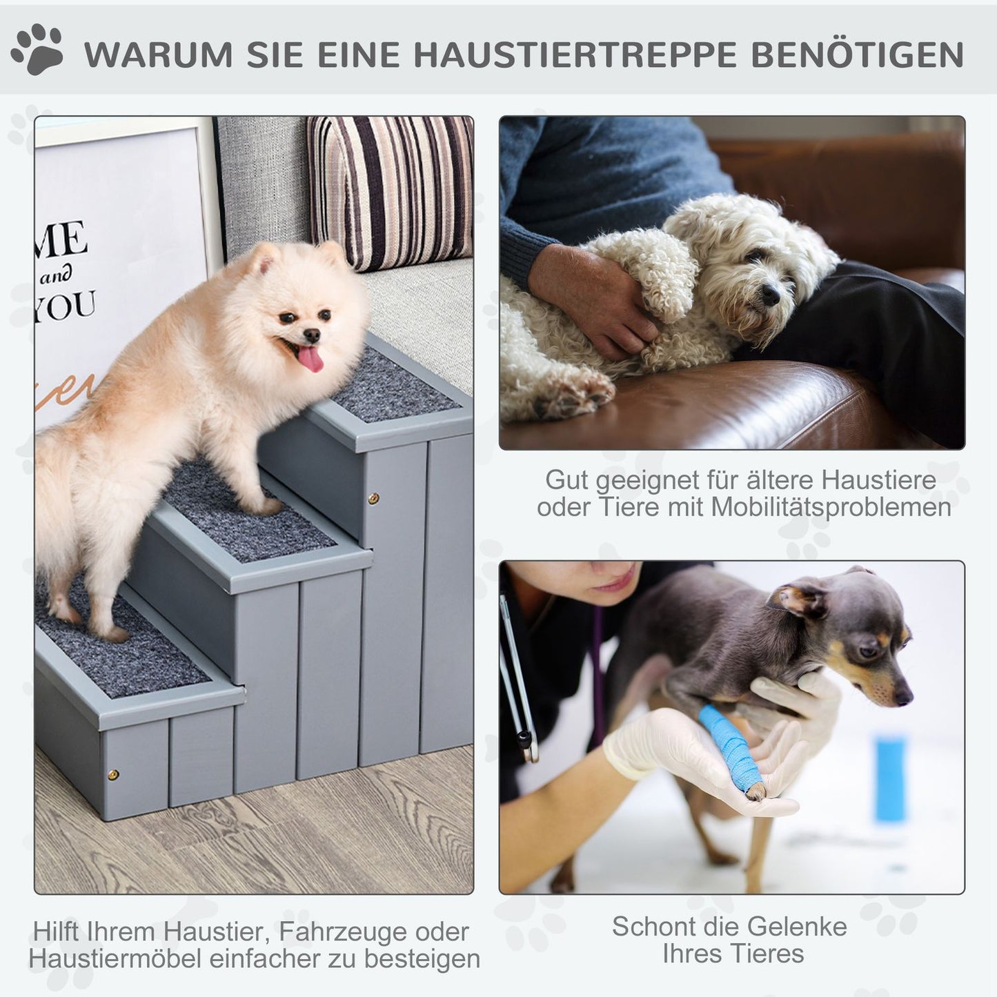Dog stairs with storage, 3 steps & carpet, Grey