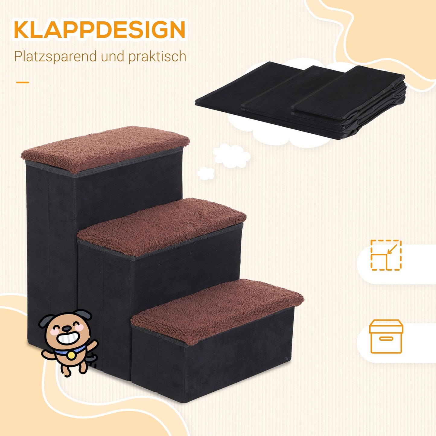 Foldable pet ladder with storage - 3 steps, MDF, black