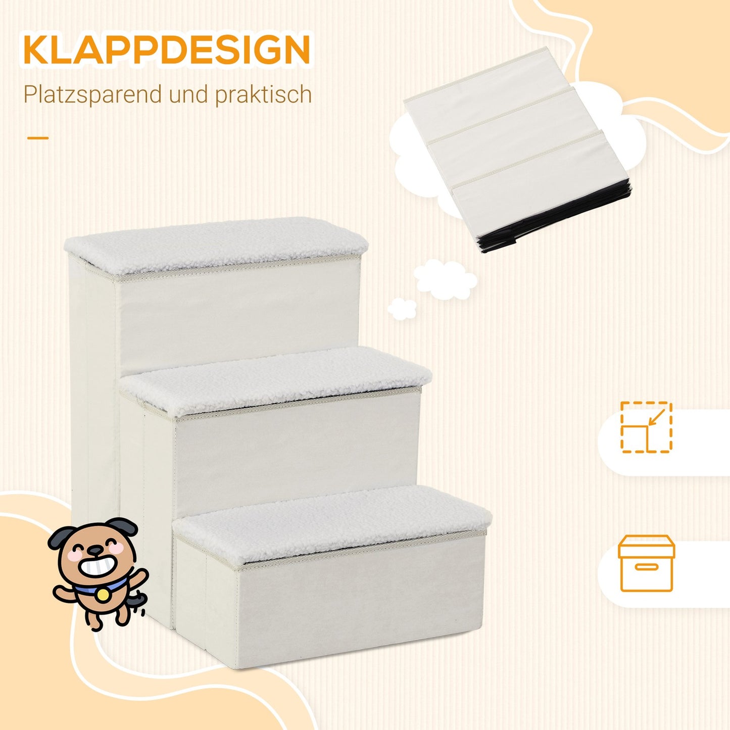 Foldable pet ladder with storage, 3 steps, MDF, white