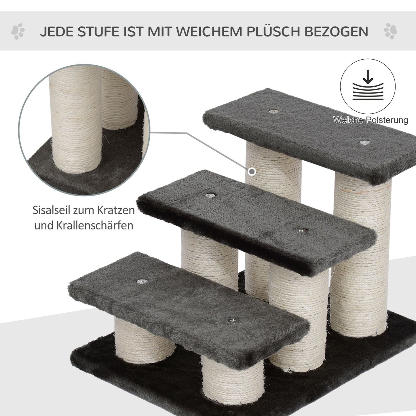 Animal stairs for cats and dogs, 3-step plush, dark gray 45x35x34 cm