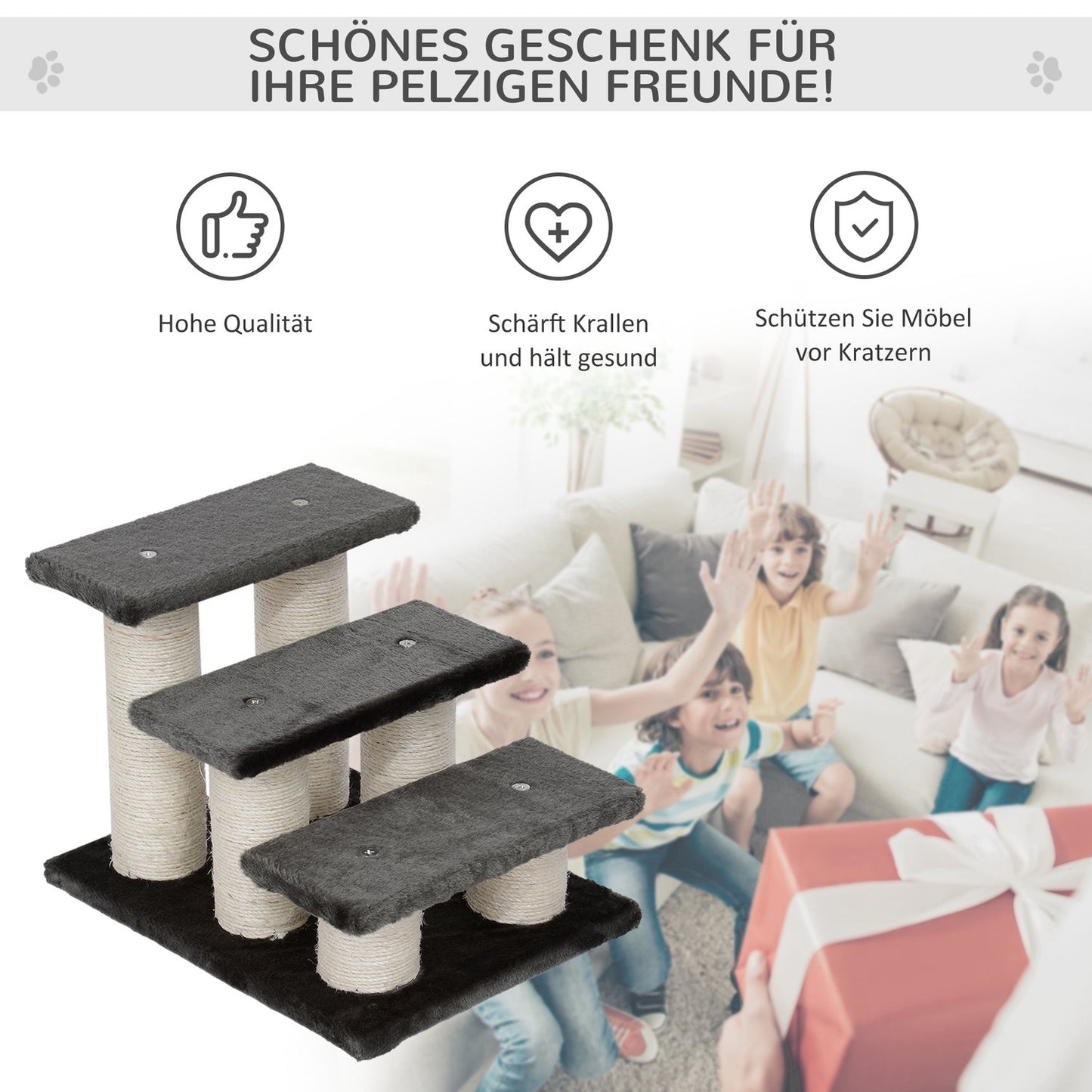 Animal stairs for cats and dogs, 3-step plush, dark gray 45x35x34 cm
