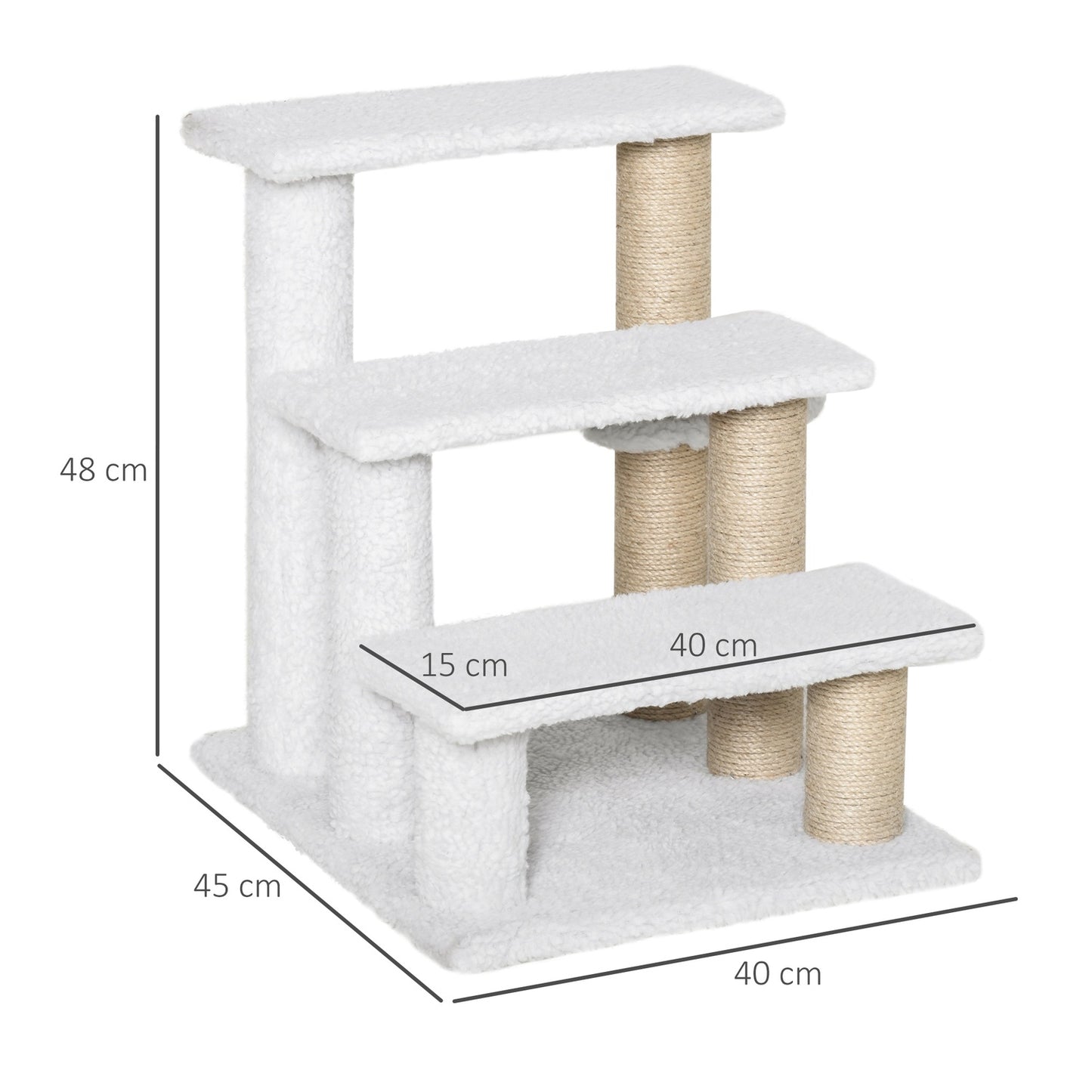 Pet stairs and scratching post, 3 steps, plush/jute, white