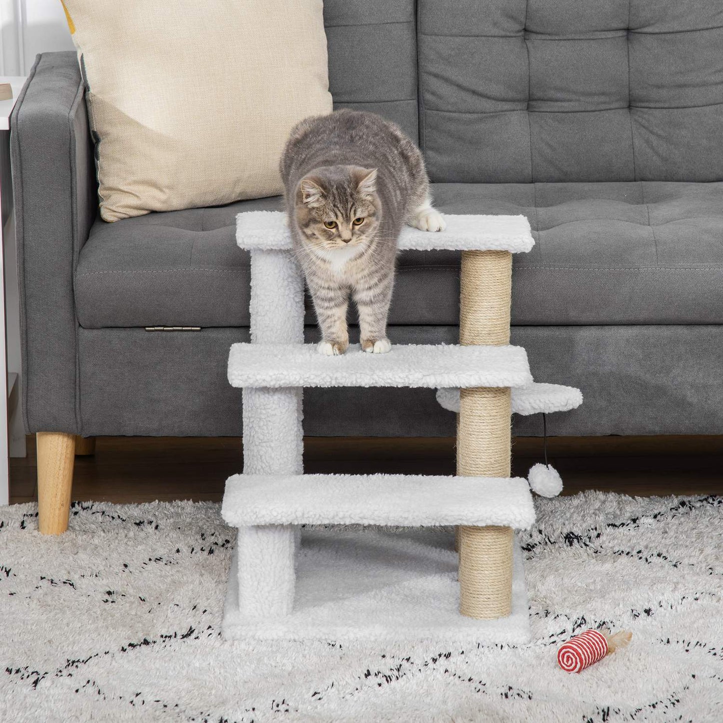 Pet stairs and scratching post, 3 steps, plush/jute, white