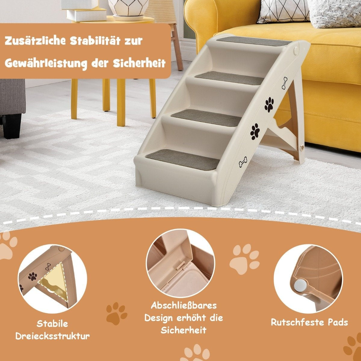 Pet Stairs with 4 Steps Portable Climbing Ladder Safe Dog Ramp 62.5 x 38 x 49cm Brown