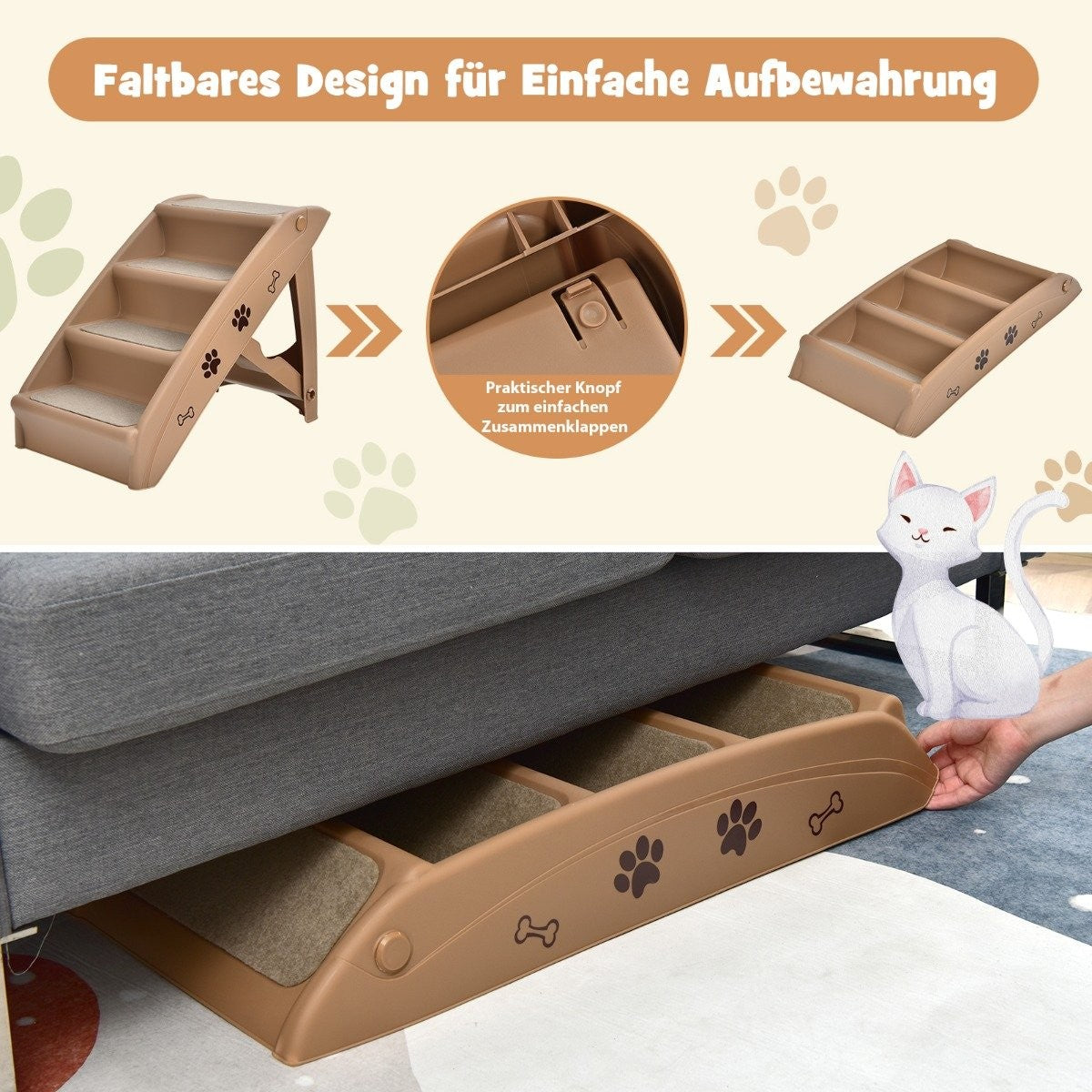 Pet Stairs with 4 Steps Portable Climbing Ladder Safe Dog Ramp 62.5 x 38 x 49cm Brown