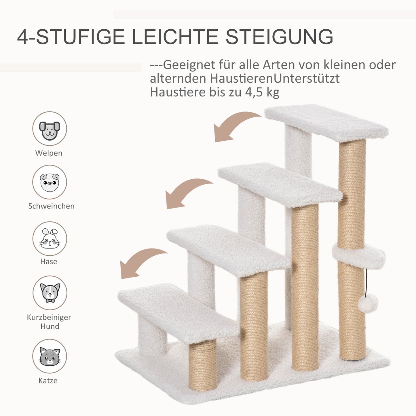 Pet Stairs with Scratching Post, 4 Steps, Plush Jute White