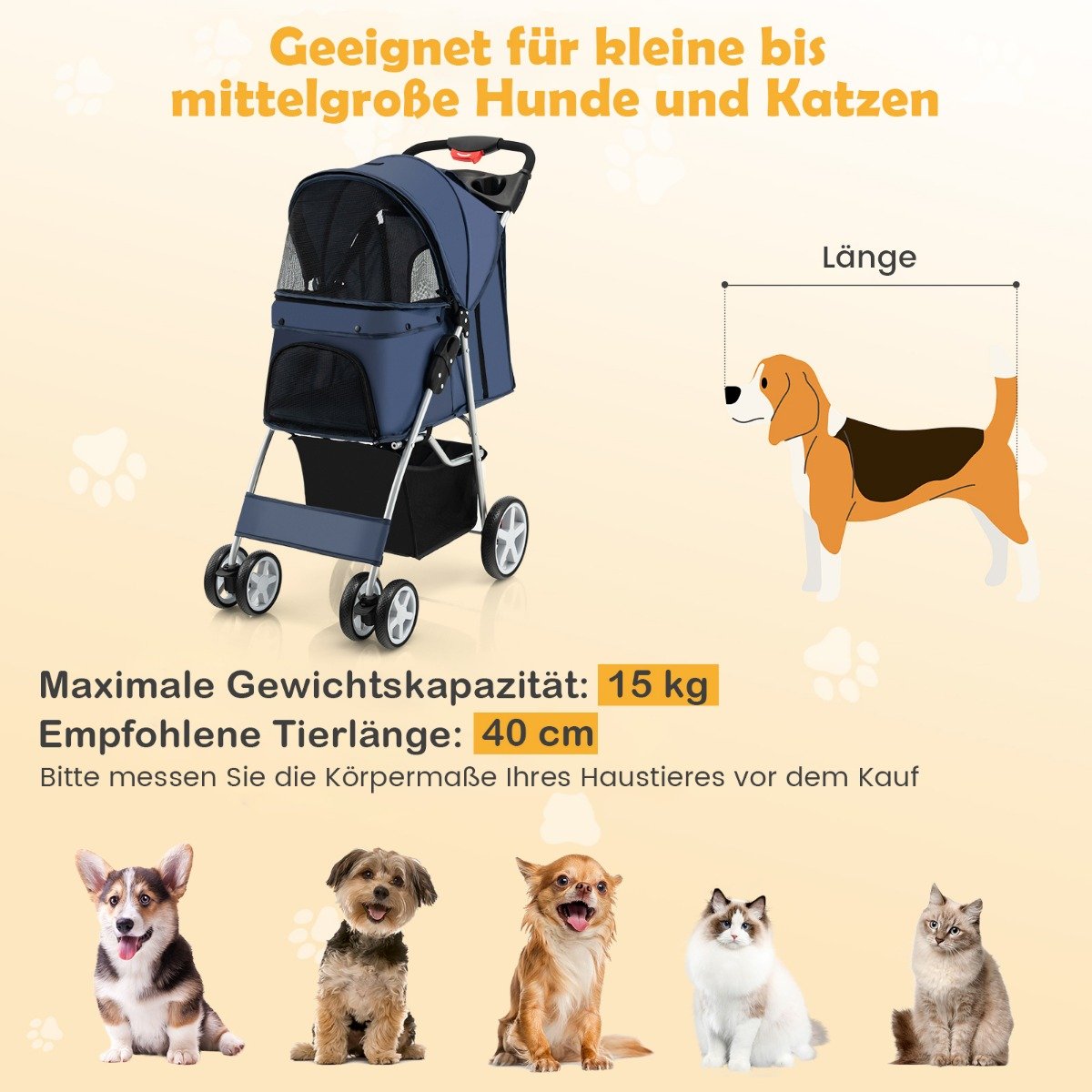 Pet Stroller for Small Pets, Foldable, 15 kg Capacity